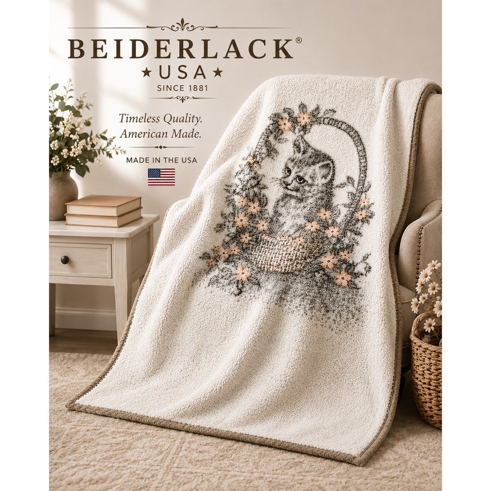 Vintage Biederlack USA Made Kitten Basket Floral Throw Blanket Cozy Plush